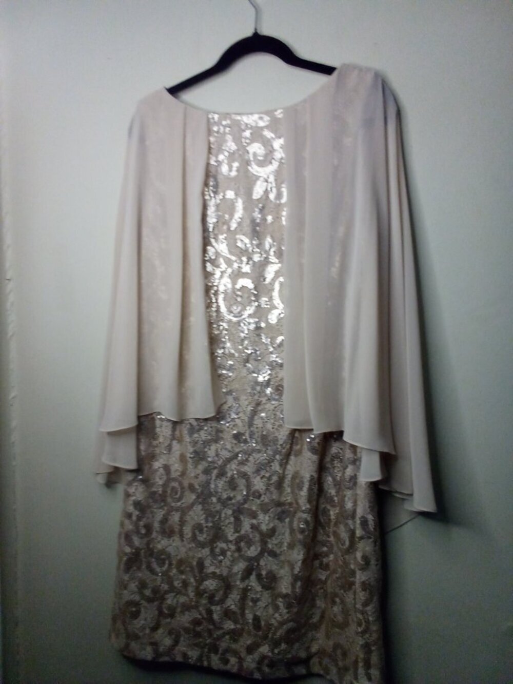 Alex Evenings Dress Women 16 Sleeveless Sheer Drape Sleeve Sequins Tan - Picture 2 of 15